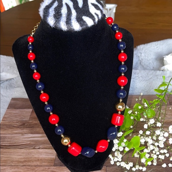 Liz Claiborne Red, Blue, and Gold Beaded Necklace - Picture 1 of 6